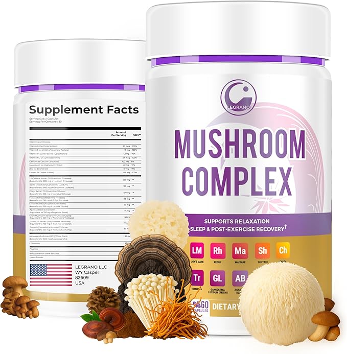 LEGRANO Premium Evening Mushroom Supplement Capsules with Lion’s Mane, Reishi Mushroom, Turkey Tail, Chaga, Ashwagandha, L-Theanine, Vitamins & Minerals – Adaptogenic Mushrooms for Relaxation & Sleep