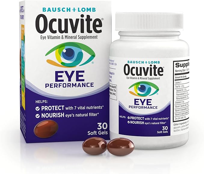 Ocuvite Eye Performance Vitamin & Mineral Supplement, Lutein and Zeaxanthin Supplements, Vitamins C, D, E, Zinc, and Omega-3, Helps Protect Eyes from Sun and Blue Light, 30 Softgels