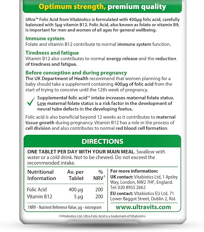Vitabiotics Ultra Folic Acid 400ug with Vitamin B12. 60 Tablets