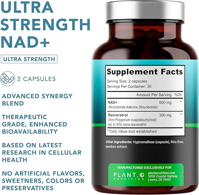 NAD Supplement High Purity (500mg of 95% Pure NAD Plus) with Resveratrol - NMN and Nicotinamide Riboside Alternative for Energy, Anti-Aging, Cell Regeneration, Focus – 60 Pills