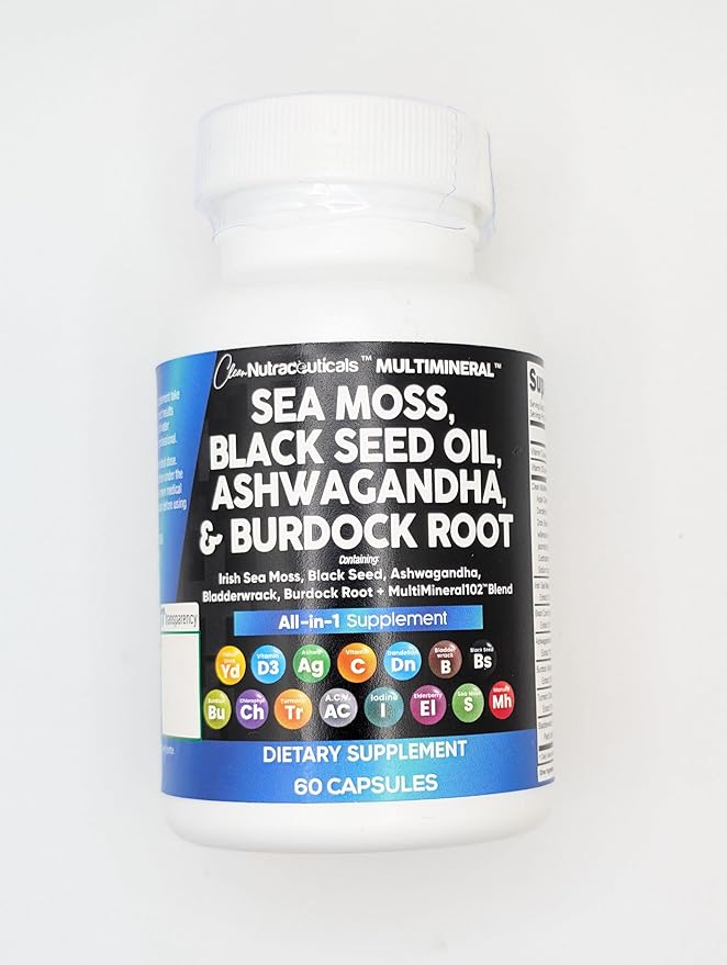 Sea Moss Black Seed Oil Ashwagandha Turmeric Bladderwrack Burdock & Vitamin C Vitamin D3 with Elderberry Manuka Dandelion Yellow Dock Iodine Chlorophyll ACV - 3Pack