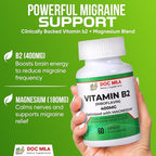 Vitamin B2 Riboflavin 400mg Capsules – Migraine Relief Supplement for Kids & Adults – Headache Support – Vegan Vitamin Tablets – 60 Pills (200mg per Capsule)