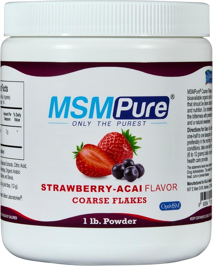 KALA HEALTH MSMPure Strawberry Acai Flavored Coarse MSM Powder Flakes – US-Made MSM for Joint Health, Skin Appearance, and Hair & Nail Support – 1 lb, Organic Sulfur