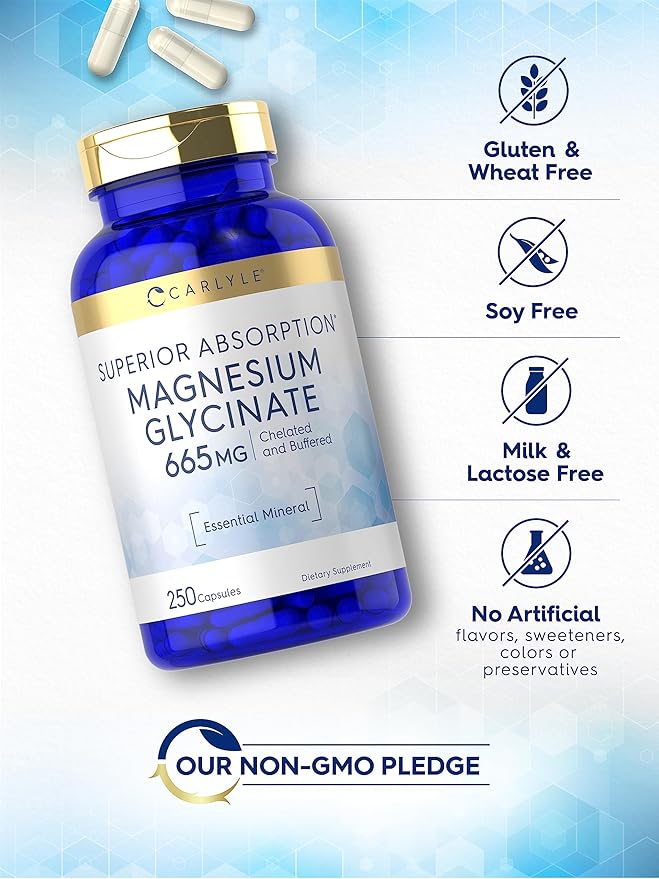 Carlyle Magnesium Glycinate | 665 mg | 250 Capsules | Non-GMO and Gluten Free Formula | Essential Buffered Mineral Supplement