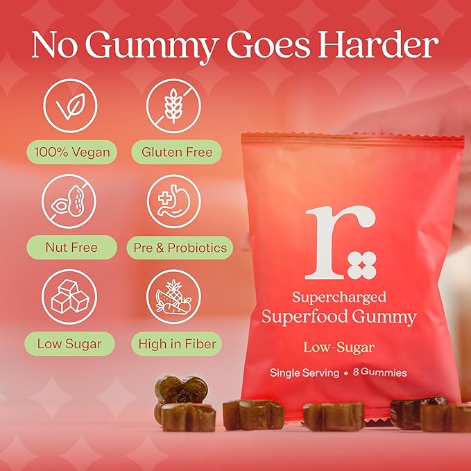 Rizz Low Sugar Green Gummies - 60+ Superfoods 6g Fiber - Prebiotic and Probiotic Gummies - Vegan Multivitamins for Women & Men - Gluten Free - Mushroom, Fruit and Vegetable Supplements - 30 Day Supply