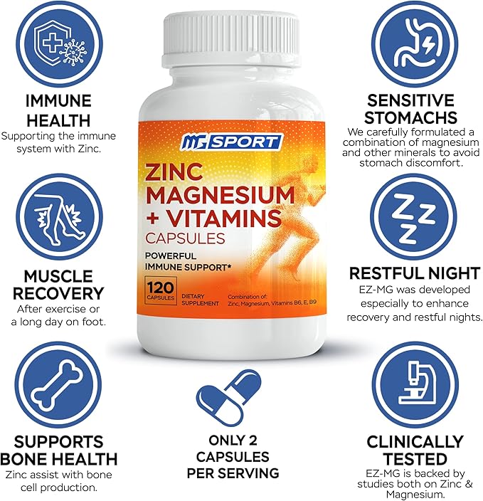 MgSport ZMA Supplement with Clinically Tested Zinc Magnesium for High Absorption - Enhanced with Vitamins B6 B9 for Muscle Recovery - Gentle on Stomach Formula, 120 Capsules