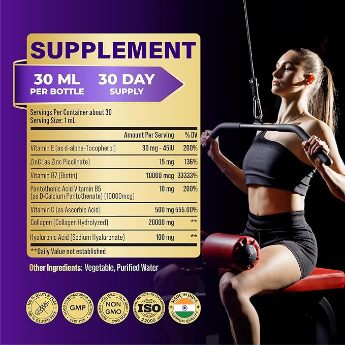 7in1 Biotin and Collagen Supplements - Biotin Liquid Drops with B5 Pantothenic Acid, Vitamin C, Vitamin E, Zinc, Hyaluronic Acid - 30ml 1 Fl Oz