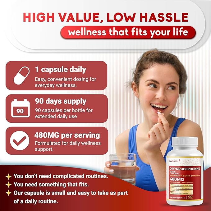 Dihydroberberine - Super Berberine - Patented GlucoVantage 810mg - 5X Absorption - with Resveratrol Cinnamon Grape Seed Extract- Support Metabolism, Digestion (90 Count (Pack of 1))