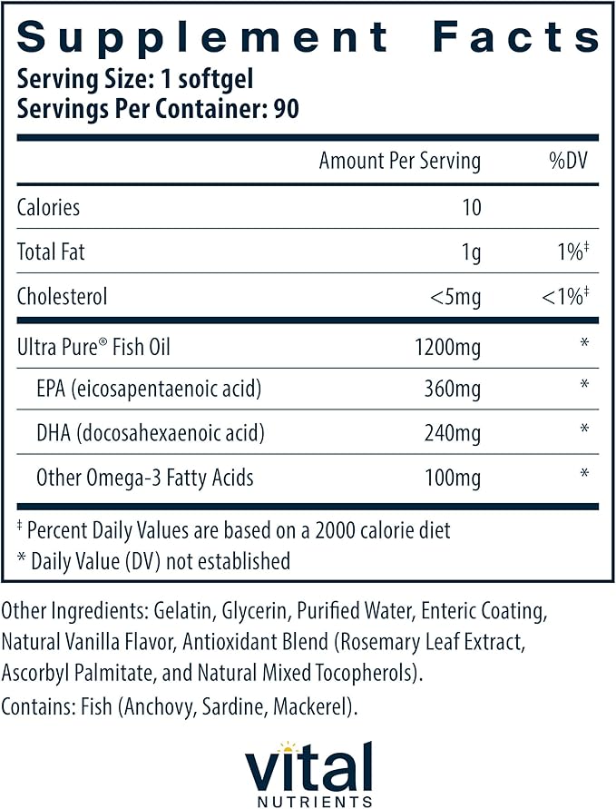 Vital Nutrients Ultra Pure® Fish Oil 700 Enteric Coated - Heart, Brain, Immune Health* - Sustainably Sourced High EPA & DHA Omega-3 Fatty Acid - Vanilla Flavor - Gluten, Dairy, Soy Free - 90 Count