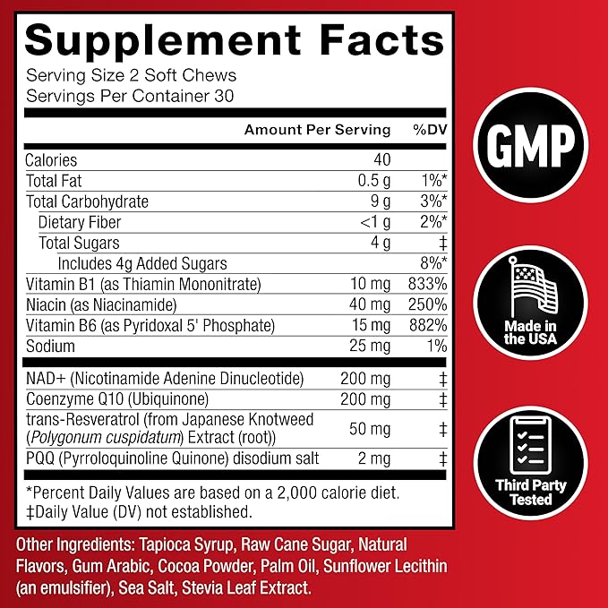Force Factor NAD+ Longevity, Support Cellular Energy & Repair, Anti-Aging Formula with Antioxidant Support, Promote Brain & Cognitive Health, Chocolate, 60 Soft Chews