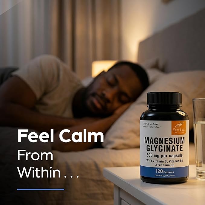 Magnesium Glycinate 500mg High Absorption Capsules with Vitamin C D3 B6 Zinc | Quality Sleep, Relaxation & Muscle Health Supplement for Women and Men | Chelated Magnesium 120 Count | Easy to Swallow