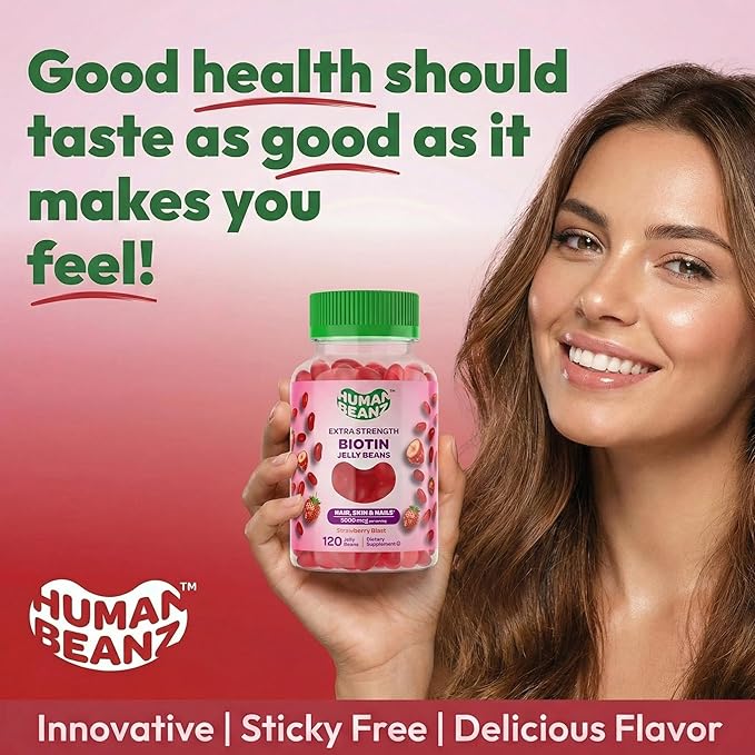 Human Beanz Biotin Jelly Bean Gummy Vitamins, Extra Strength Biotin for Hair, Skin and Nails, 5000mcg per Serving, Hair Growth Vitamins for Men and Women, 120 Strawberry Blast Jelly Beans, Kosher