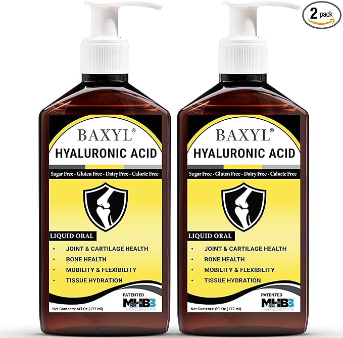 BAXYL Liquid Hyaluronic Acid Supplement for Joint Health, 2 Bottles of 6 Oz - Patented MHB3 Formula for Bone, Skin, Eye Health & to Restore Cartilage - Vegan, Gluten-Free, Non-GMO for Comfort