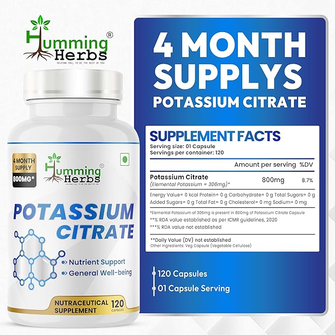Potassium Citrate 800 mg (306 mg Elemental Potassium) – Electrolyte & pH Balance Support – Vegan, Non-GMO - 120 Capsules