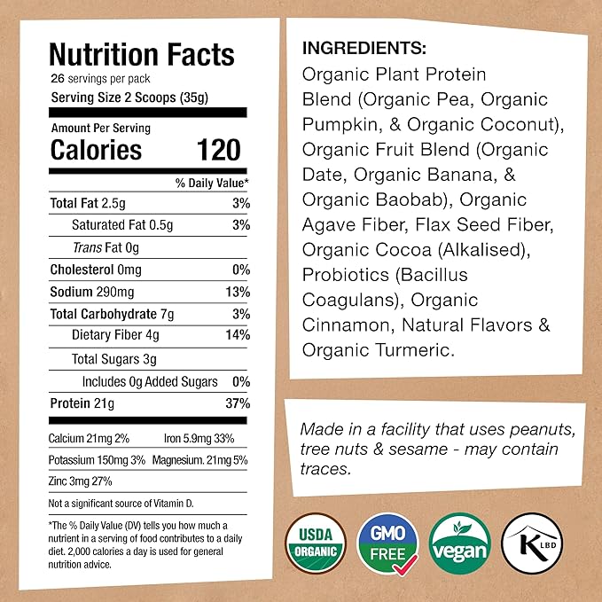 EarthChimp Organic Vegan Protein Powder - with Probiotics - Non GMO, Dairy Free, Non Whey, Plant Based Protein Powder for Women and Men, Gluten Free - 26 Servings 32 Oz (Plain & Unsweetened) No Scoop