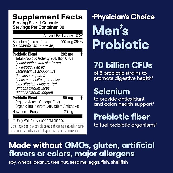 Physician's CHOICE Probiotics for Men - 70 Billion CFU - 8 Strains - Selenium & Organic Prebiotics - Supports Digestive Health, Microbiome, Colon, Immune Health - Advanced Men's Probiotic - 15ct 2pck