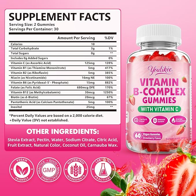 2 Pack Vitamin B-Complex Gummies for Women & Men, Methyl B12, B1, B2, B3, B5, B6, B7 & B9 - Vitamin B Complex with Vitamin C Supports Energy & Immune Function, Strawberry Flavor, 120 Count