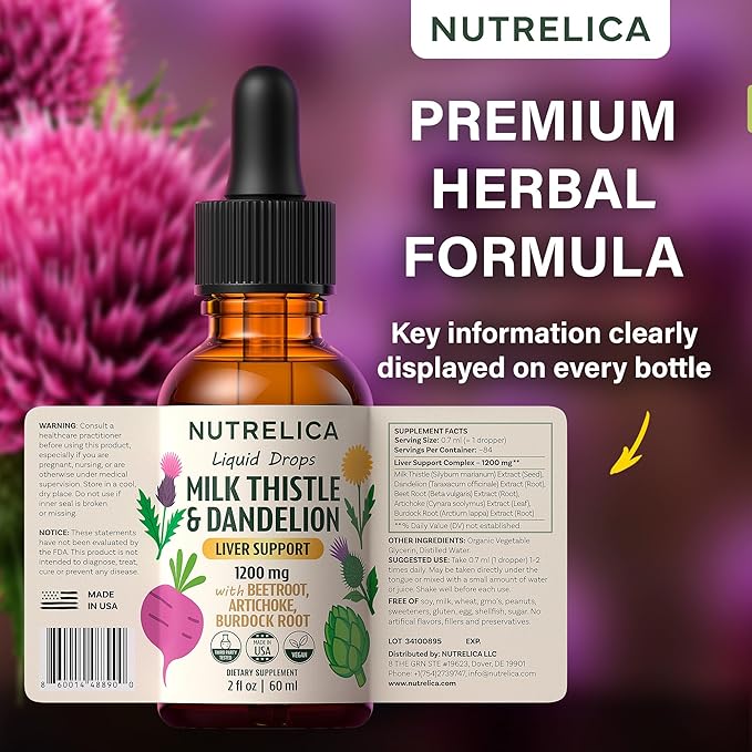 Milk Thistle & Dandelion Liver Support with Beet Root, Artichoke & Burdock – 1200mg Herbal Detox Formula, No Sugar, Alcohol-Free, Vegan, Non-GMO