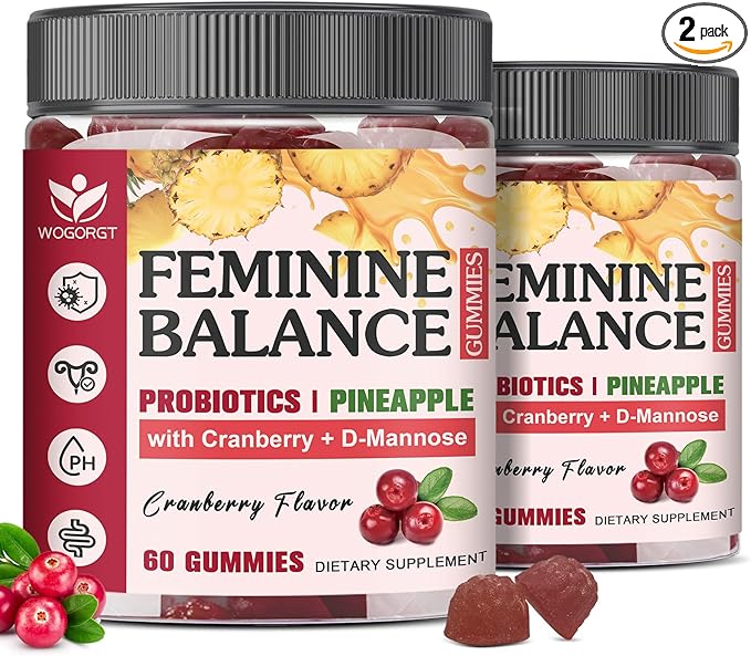 Feminine Balance Gummies for Women - Vaginal Health, pH Balance Support, Pineapple Probiotics Gummies for Women with Cranberry Extract and D-Mannose, Sugar Free, Vegan, Cranberry Flavor - 60Ct (2pack)