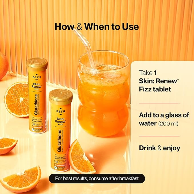 SETU Skin Renew, Glutathione with Vitamin C, Gluta Fizz, Supports Detoxification, Sugar-Free, Orange Flavour, 30 Effervescent Tablets