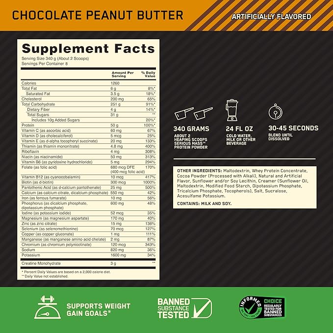 Optimum Nutrition Serious Mass, Weight Gainer Protein Powder, Mass Gainer, Vitamin C and Zinc for Immune Support, Creatine, Chocolate Peanut Butter, 6 Pound (Packaging May Vary)