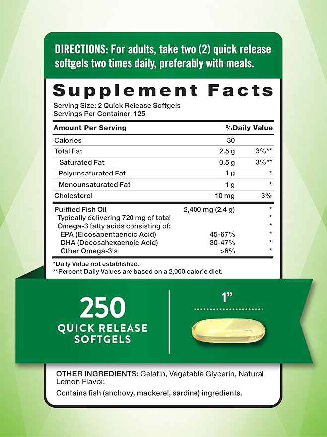 Nature's Truth Burpless Fish Oil 2400mg | 250 Softgels | 720 mg Omega 3 | Natural Lemon Flavor Pills | Non-GMO & Gluten Free Supplement