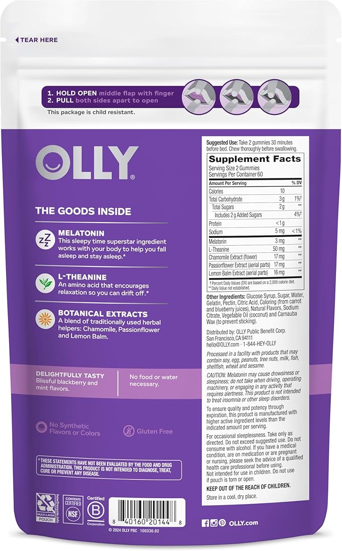 OLLY Sleep Gummy, 3 mg Melatonin, L-Theanine, Chamomile, and Lemon Balm Extracts, BlackBerry Flavor, 60 Day Supply - 120 Count