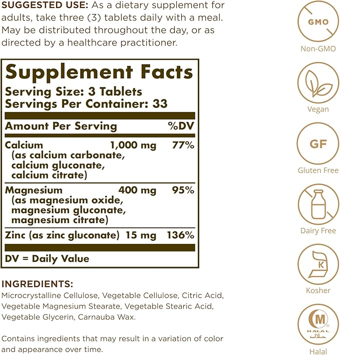 Solgar Calcium Magnesium Plus Zinc - 250 Tablets, Pack of 3 - Promotes Healthy Bones, Supports Nerve & Muscle Function - Non-GMO, Vegan, Gluten Free - 250 Total Servings