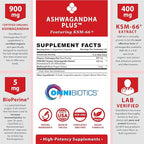 OmniBiotics Organic Ashwagandha Supplement – 1300mg Total Strength – 900mg Organic Root Powder & 400mg KSM-66 Extract – Stress Relief, Mood & Sleep Support – Non-GMO – 120 Vegan Capsules
