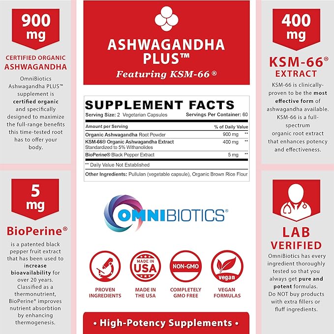 OmniBiotics Organic Ashwagandha Supplement – 1300mg Total Strength – 900mg Organic Root Powder & 400mg KSM-66 Extract – Stress Relief, Mood & Sleep Support – Non-GMO – 120 Vegan Capsules