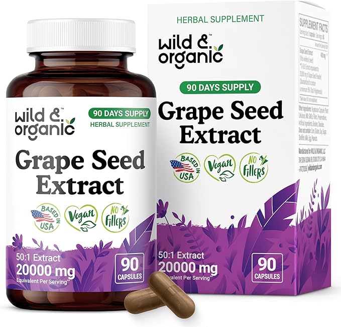 Wild & Organic Grape Seed Extract Capsules - Antioxidant Support - Grapeseed Extract 400 mg - 95% Polyphenols - 3 Month Supply - 90 Vegan Capsules - Non-GMO