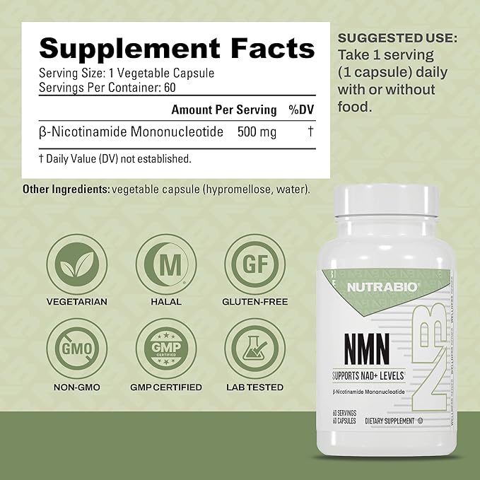 NutraBio NMN - NAD Supplement, Longevity Support, Boost NAD Levels, Increase Cellular Energy, Brain Health, Healthy Aging- 60 Servings- 60 Capsules