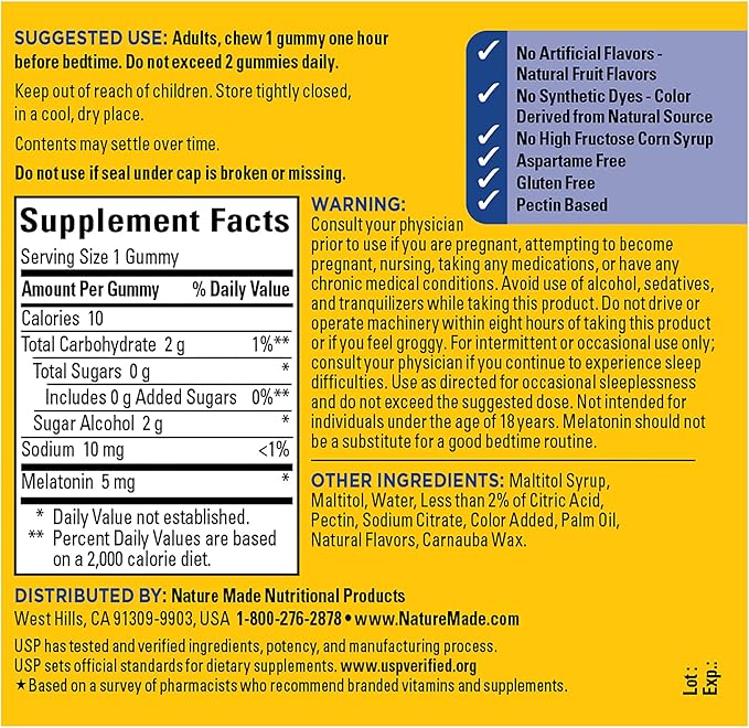Nature Made Zero Sugar Melatonin 5mg Sleeping Gummies for Adults Extra Strength,100% Drug & Aspartame Free,70 Sugar-Free Melatonin Gummies,70 Day Supply,(Pack of 2)