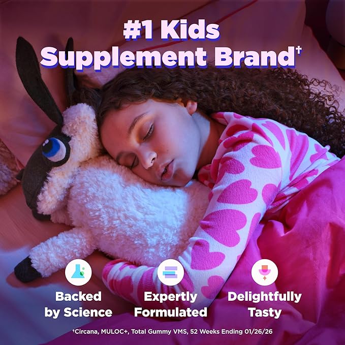 OLLY Kids Sleep Gummy, 0.5mg Melatonin, L Theanine, Chamomile, and Lemon Balm, Childrens Chewable Supplement, Raspberry - 50 Count