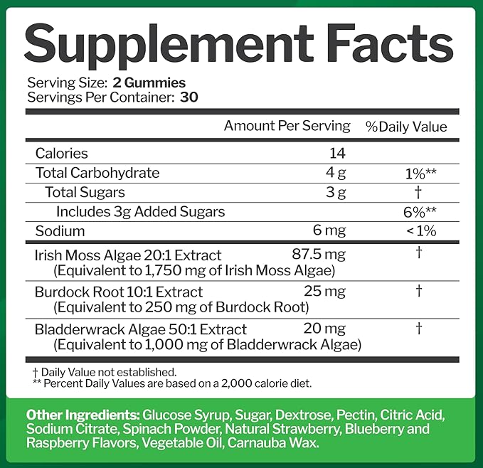 Sea Moss 3000mg Gummies with Bladderwrack and Burdock Root - Natural Irish Sea Moss Superfood for Immune, Thyroid and Detox Support - Extra Strength for Men & Women - Gluten-Free, Vegan - 60 Gummies