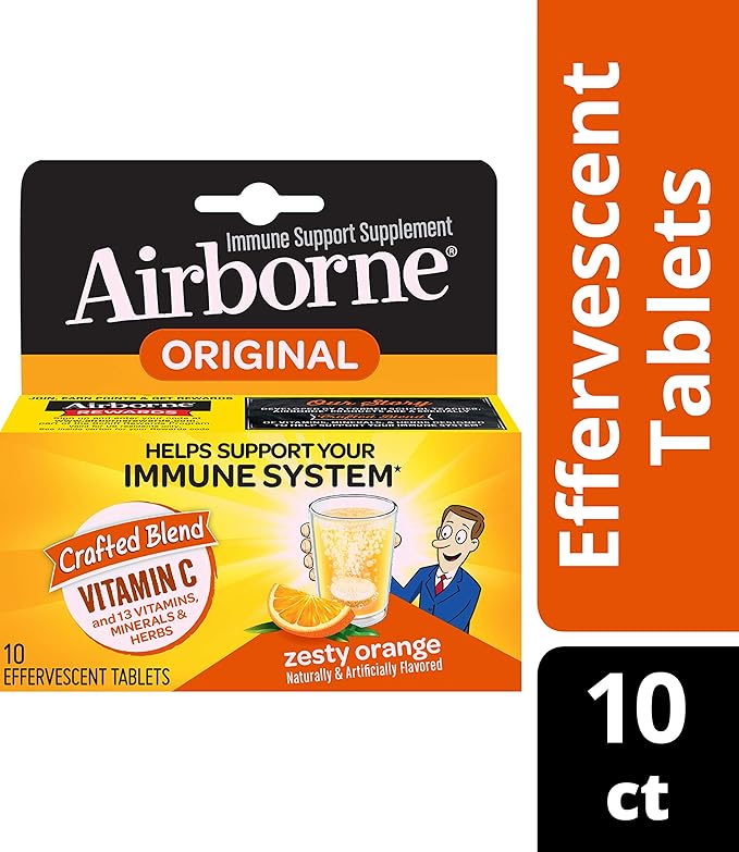 Airborne Zesty Orange Effervescent Tablets, 10 count - 1000mg of Vitamin C - Immune Support Supplement (Pack of 6)