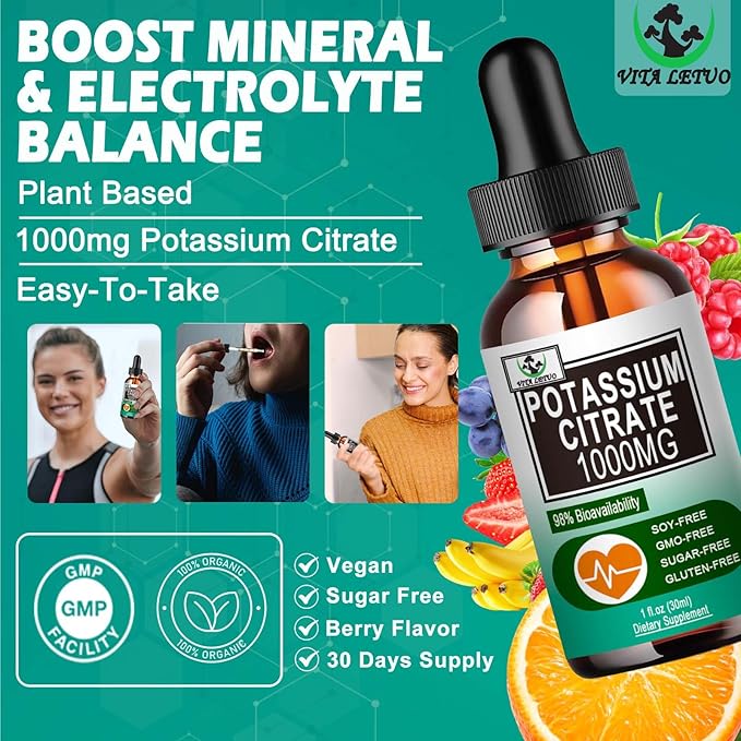 Potassium Citrate Liquid Drops,Potassium Supplement 1000mg Liquid Support Muscle Cramp Relief, Heart Health and Sleep,Highly Absorbable for Adults Women & Men, Vegan, 30 Servings