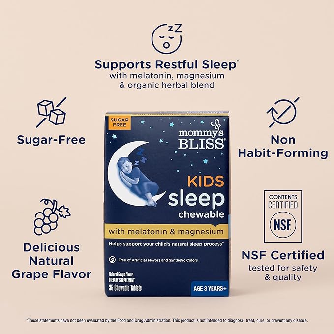Mommy's Bliss Kids Sleep Chewable Tablets, Melatonin, Magnesium & Calming Herbs, Grape Flavor, Sugar Free Kids Melatonin, Age 3+ (35 Servings), 35 Count (Pack of 1)