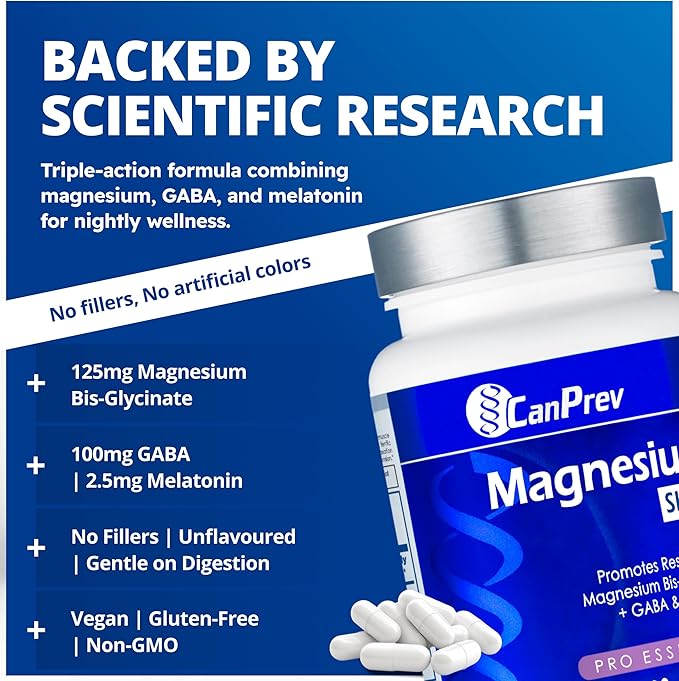 CanPrev Magnesium Bisglycinate Chelated + GABA & Melatonin, 120 Veg Caps, 120-Day Supply, Support Restful Night, Muscle Function, Promote Relaxation & Balanced Sleep-Wake Cycle, Vegan, No GMO & Gluten