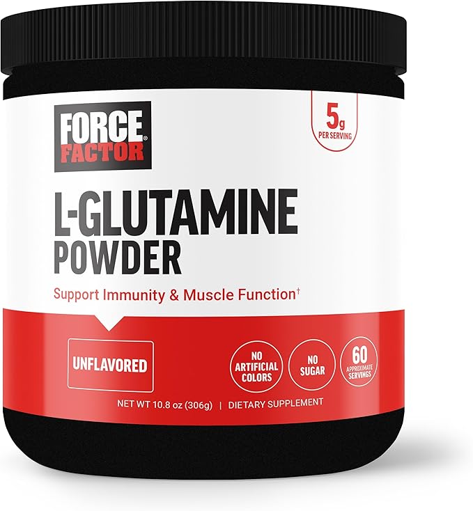 Force Factor L-Glutamine Powder for Post Workout Recovery, Muscle Recovery, Healthy Muscle Function, and Immunity, 5000mg/5g Glutamine Supplement, Vegan, Non-GMO, 60 Servings