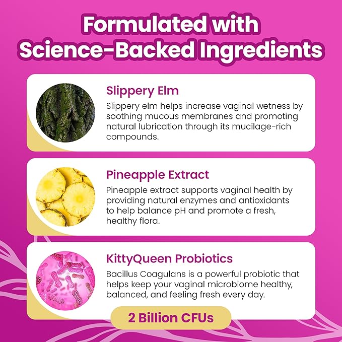 KITTYQUEEN Slippery Kitty Feminine Probiotic and Moisture Gummies, Pineapple Flavor, Women’s Probiotic Gummies for Vaginal Health, pH Balance, Odor Control, Flora Support and Moisture Boost, 60 Count