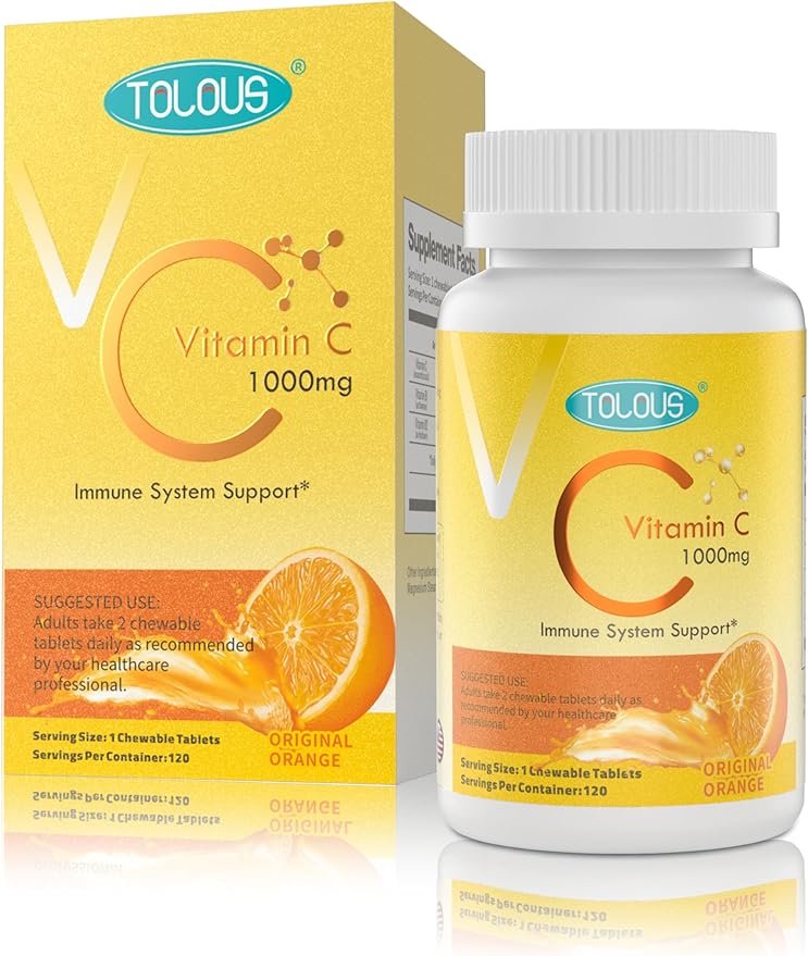 1000mg Vitamin C, 120 Chewable Tablets, 60 Day Supply, Supplement for Immune Support, Gluten-Free, Orange Flavor, 1 Pack