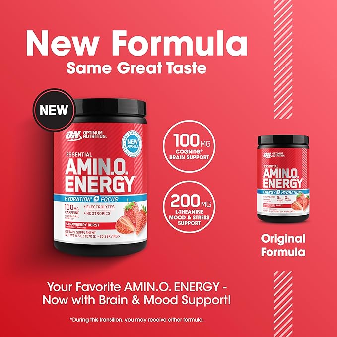 Optimum Nutrition Amino Energy Powder Plus Focus, with BCAA, Electrolytes, and Caffeine, Juicy Strawberry, 30 Servings (Packaging May Vary)