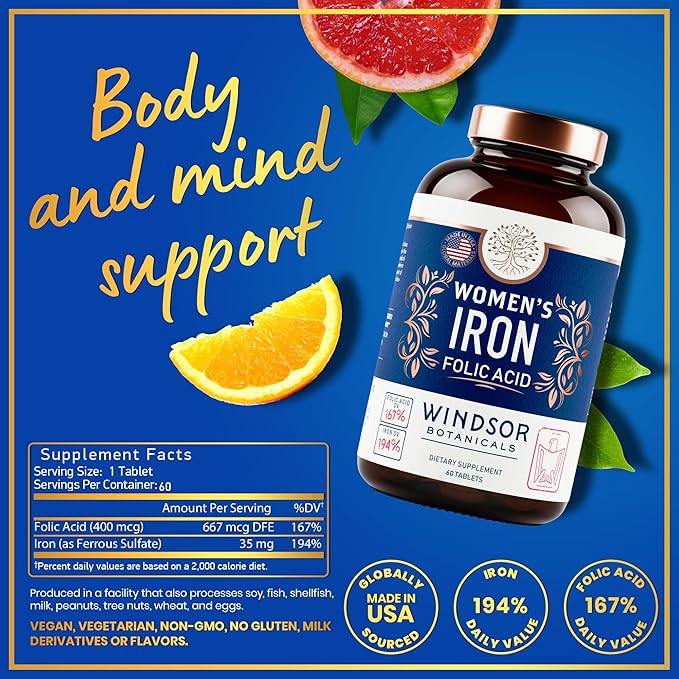Iron and Folic Acid Supplements for Women - 35mg Gentle Iron Vitamin, Folic Acid 400mcg - Anemia, Period, Pregnancy Support Supplement, Ferrous Sulfate Pills - 120 Vegan Non-Constipating Tablets