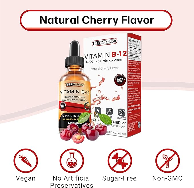 SBR Nutrition Extra Strength 6000mcg Vitamin B12 Sublingual Liquid Drops - Methylcobalamin, VIT B 12 Supports Energy, Max Absorption, 60 Servings, Non-GMO, Vegan Friendly, Manufactured in The USA