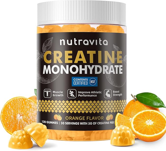 Nutravita Creatine Monohydrate Gummies for Men & Women-5g of Creatine Monohydrate per Serving - Sugar Free,Vegan, Orange Flavor, 120 Count