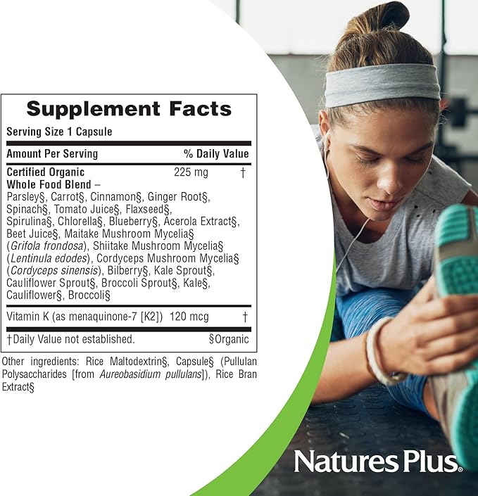 NaturesPlus Source of Life Garden Vitamin K2 - 60 Capsules - Supports Healthy Bones - USDA Certified Organic, Non-GMO, Vegan, Gluten Free - 60 Servings