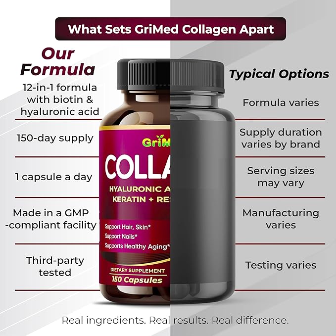 GriMed Organic Collagen 6,419 mg with Hyaluronic Acid, Biotin, Keratin, Resveratrol Hair Skin, Nails Vitamins (150 Count (Pack of 1))