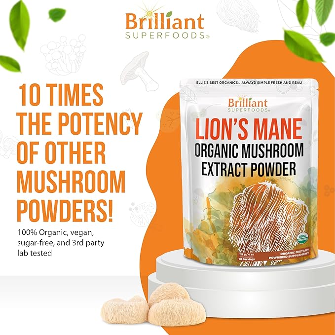 Ellie's Best Lions Mane Mushroom Extract Powder Supplement Organic 228 Servings - Double Extracted for Highest Potency - Dissolves in Coffee, Tea, Juice etc. 8oz