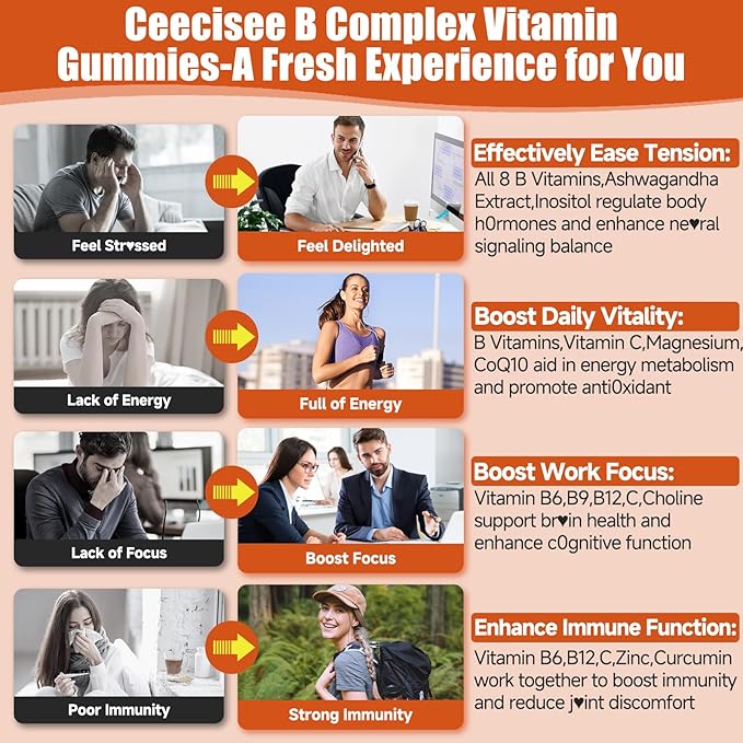 Natural Methylated Vitamins B Gummies: Chewable Supplement Complex with B1 B2 B3 B5 B6 B7 B9 B12 Zinc Magnesium Ashwagandha for Daily Energy Support - for Vegan Work Adults(120Count)